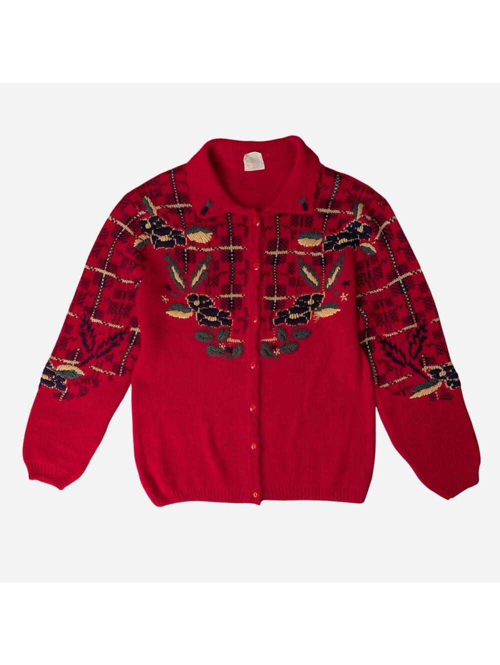 1990s Red Tartan Plaid Embroidered Floral Holiday Cardigan Sweater Vintage XL